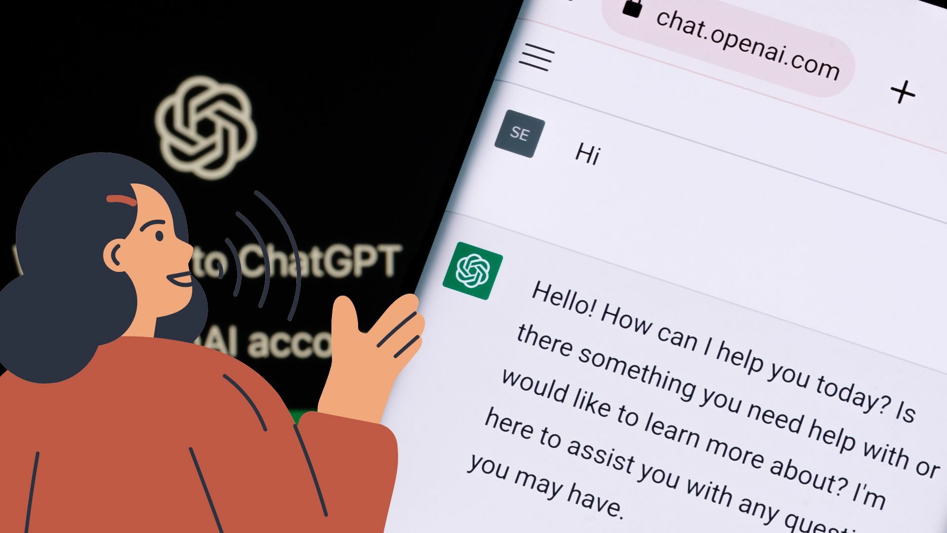 Illustration of talking woman and the ChatGPT app