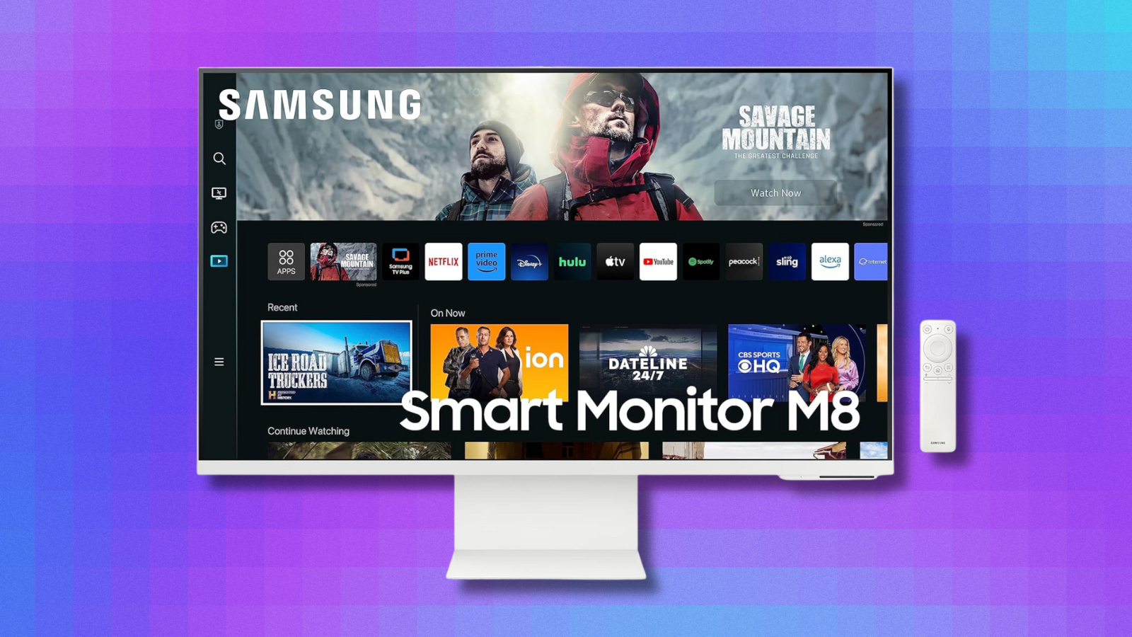 Samsung M8 Smart Monitor on blue and purple abstract background
