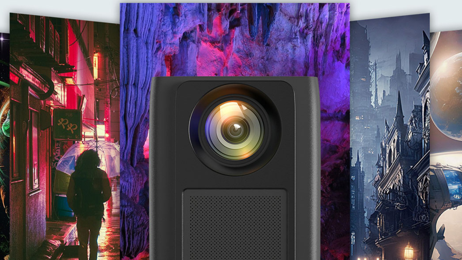 AAXA L500 projector with movie scenes in background