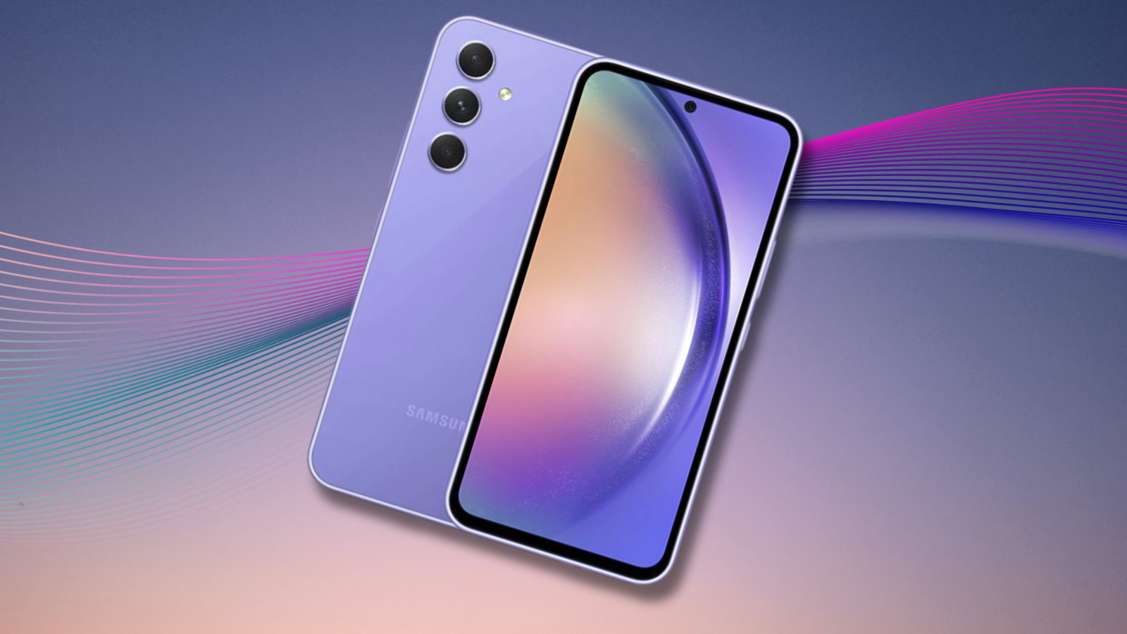 Samsung Galaxy A54 phone in purple with colorful background