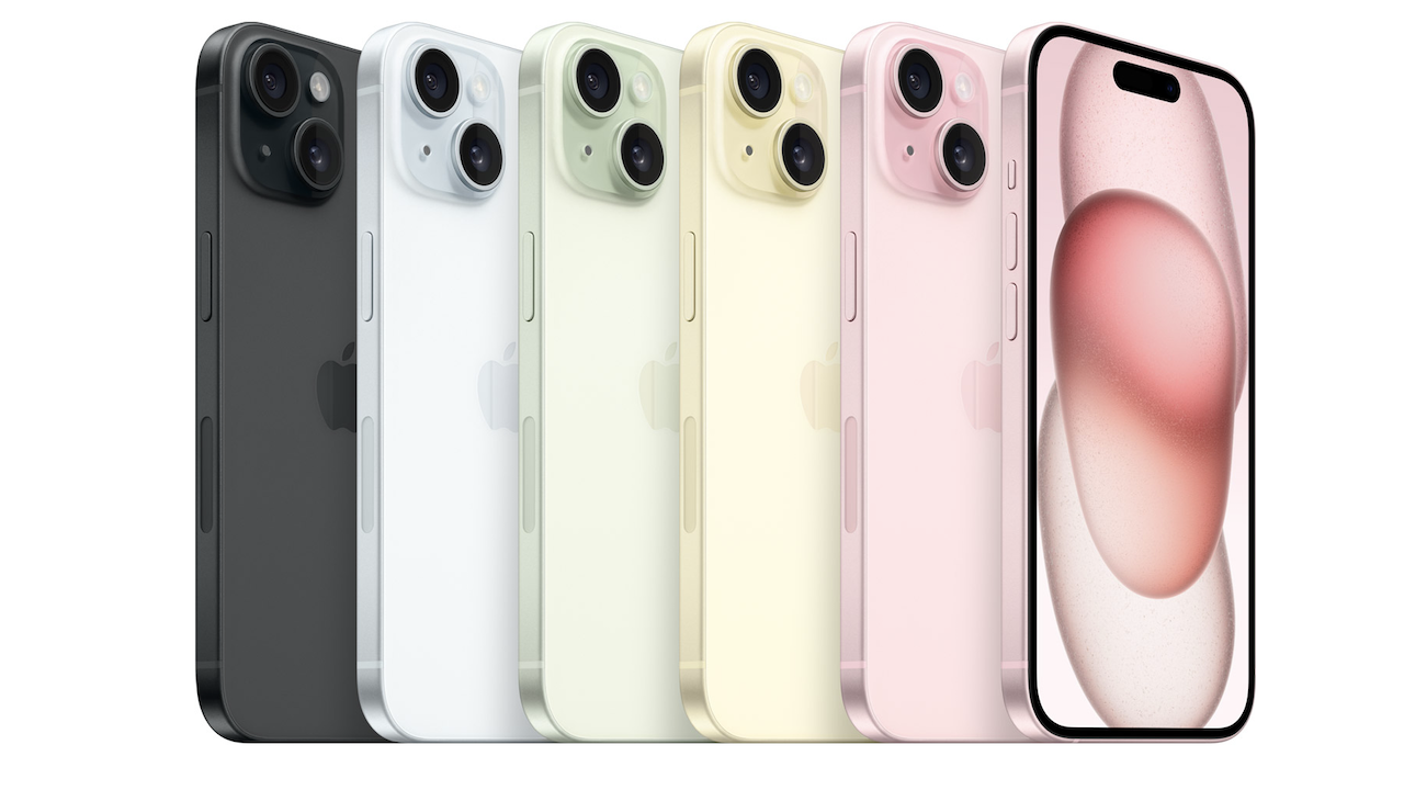 Lineup of Apple iPhone 15 color options.