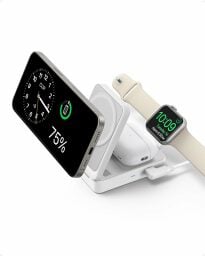 the Anker MagGo charging a smartphone and a smartwatch