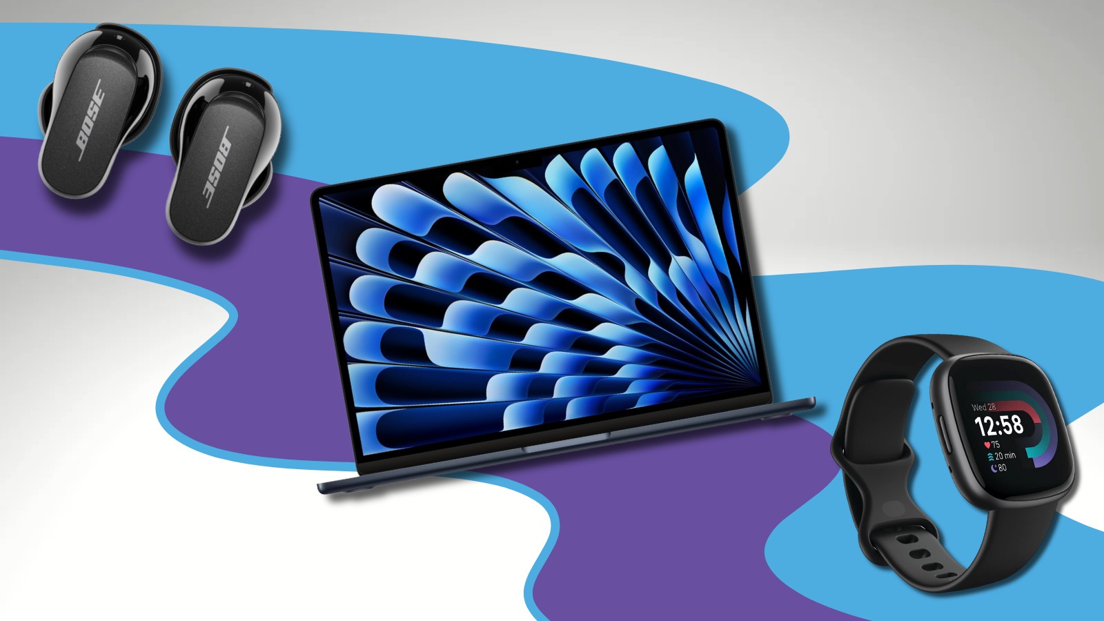 Bose earbuds, MacBook Air, and Fitbit Versa 4 with blue and purple squiggle background