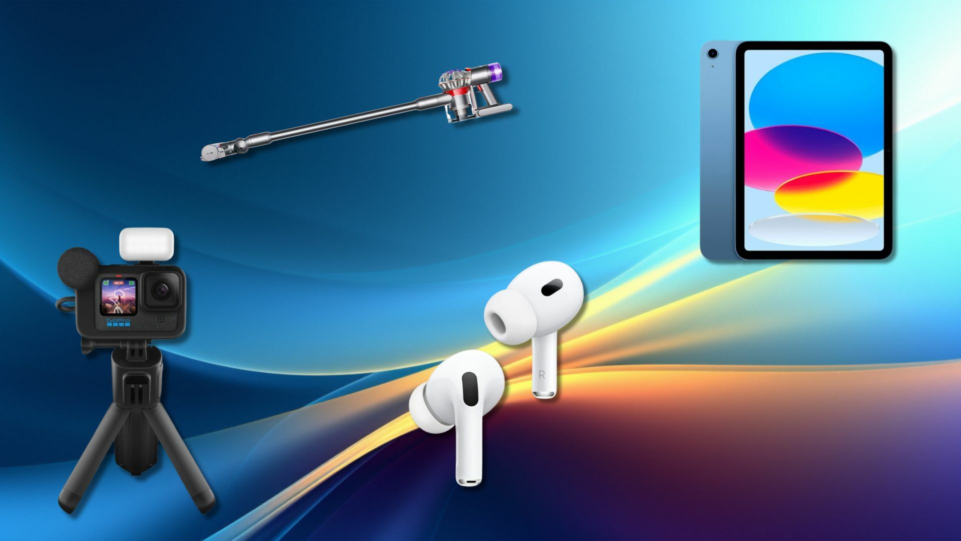 A GoPro, Dyson Vacuum, iPad, and Apple Airpods on an abstract background