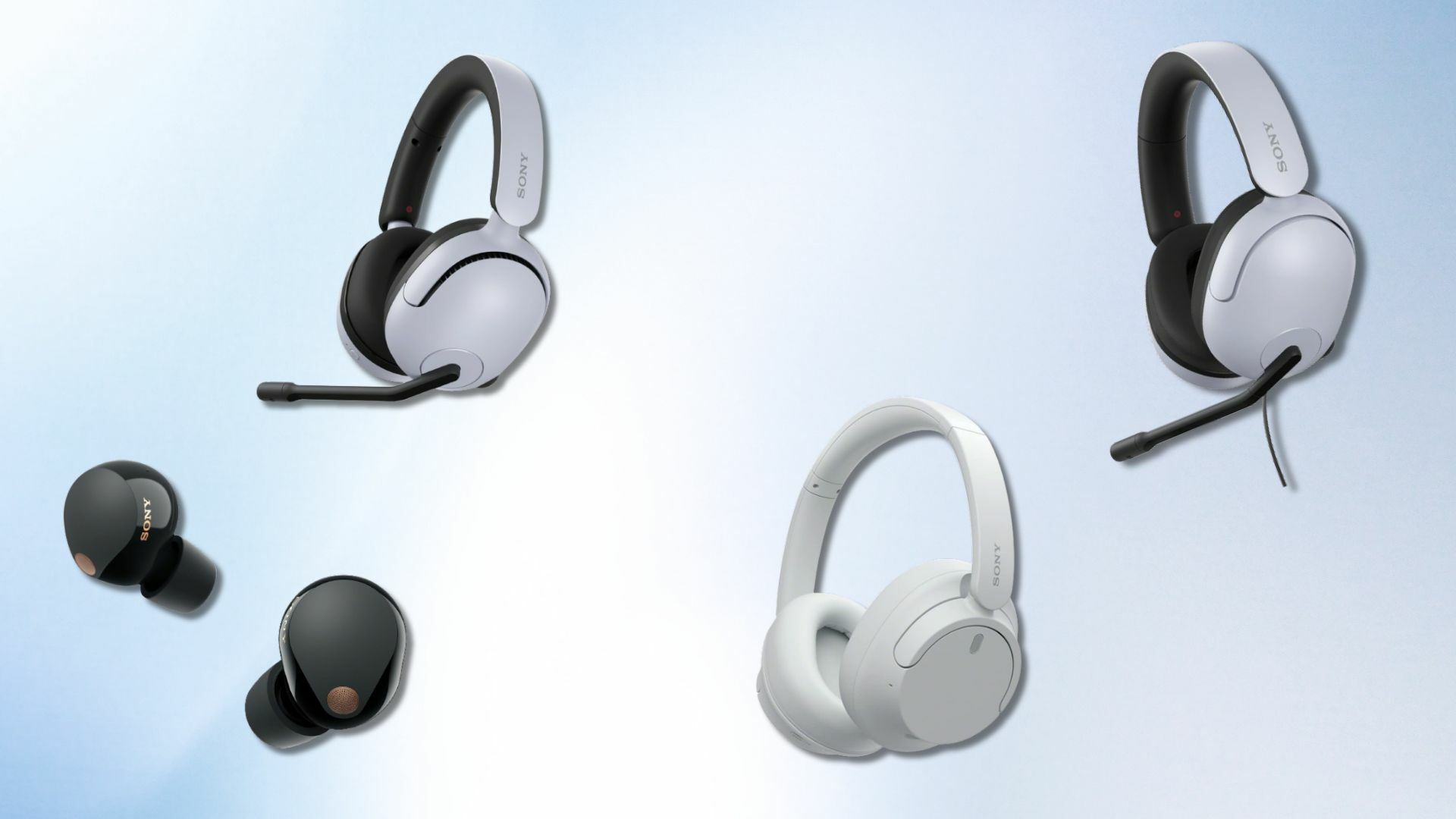 Sony earbuds and gaming headphones on an abstract background 