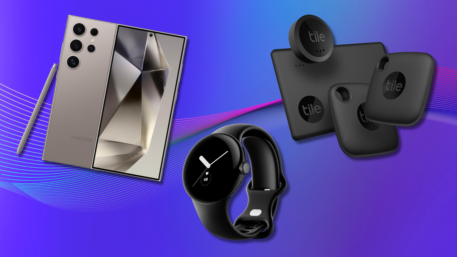 Samsung phone, Google Pixel watch, and Tile trackers with blue gradient background