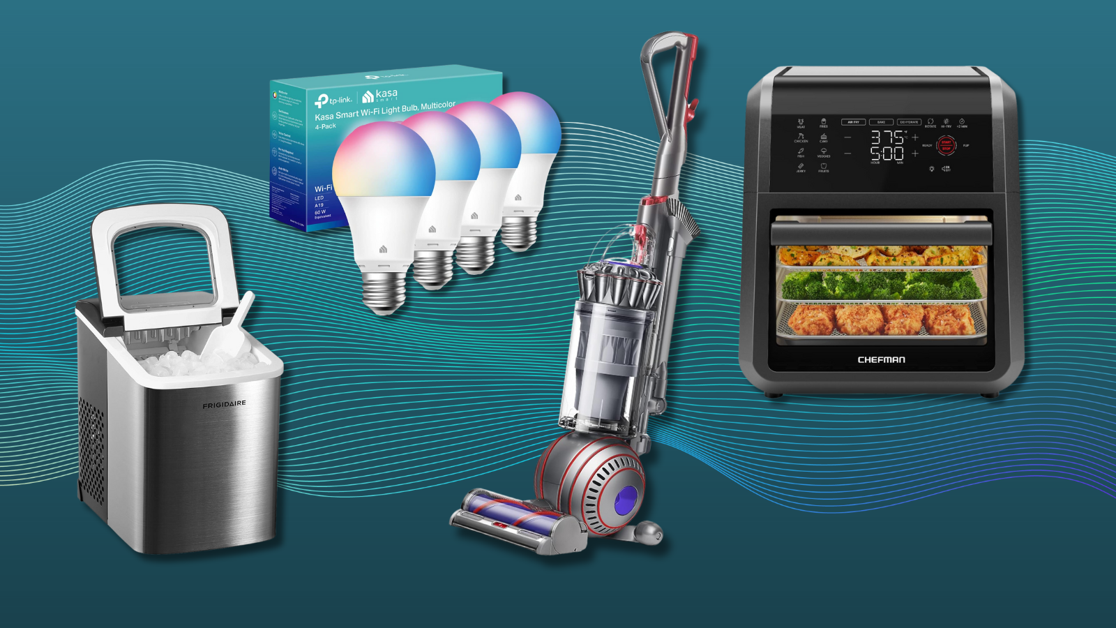 Frigidaire ice maker, Kasa smart bulbs, Dyson Ball vacuum, and Chefman air fryer with dark background