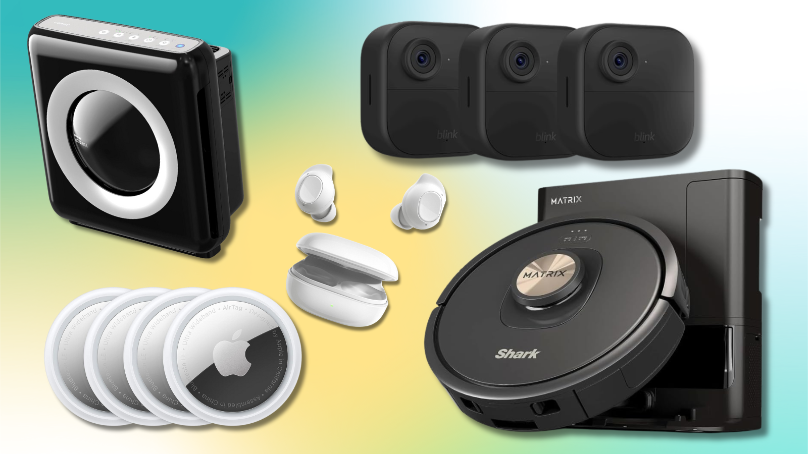Coway air puriifer, Samsung Galaxy Buds FE, Apple AirTags, Shark Matrix robot vacuum, and Blink Outdoor cameras with a blue and yellow background