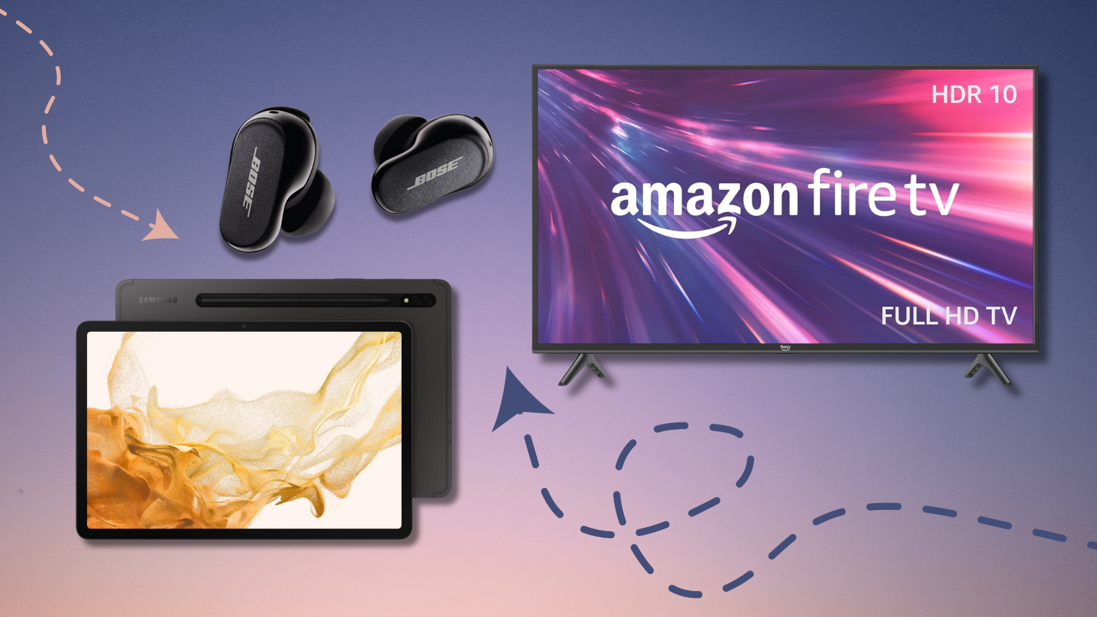 Samsung Galaxy Tab S8, Bose QuietComfort Earbuds, and Amazon Fire TV with purple gradient background