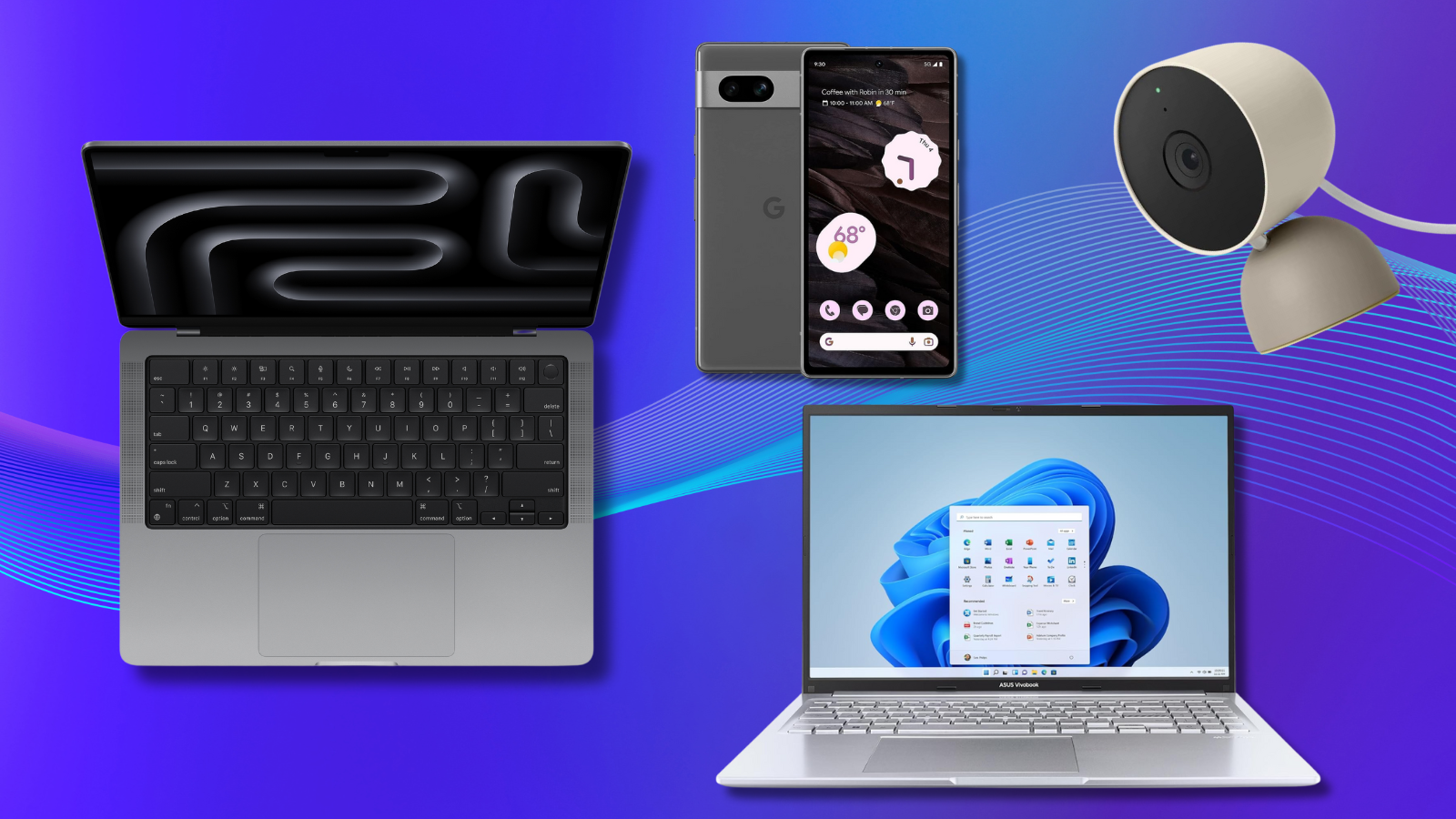MacBook Pro, Google Pixel 7a, Google Nest Cam, and ASUS VivoBook with blue background