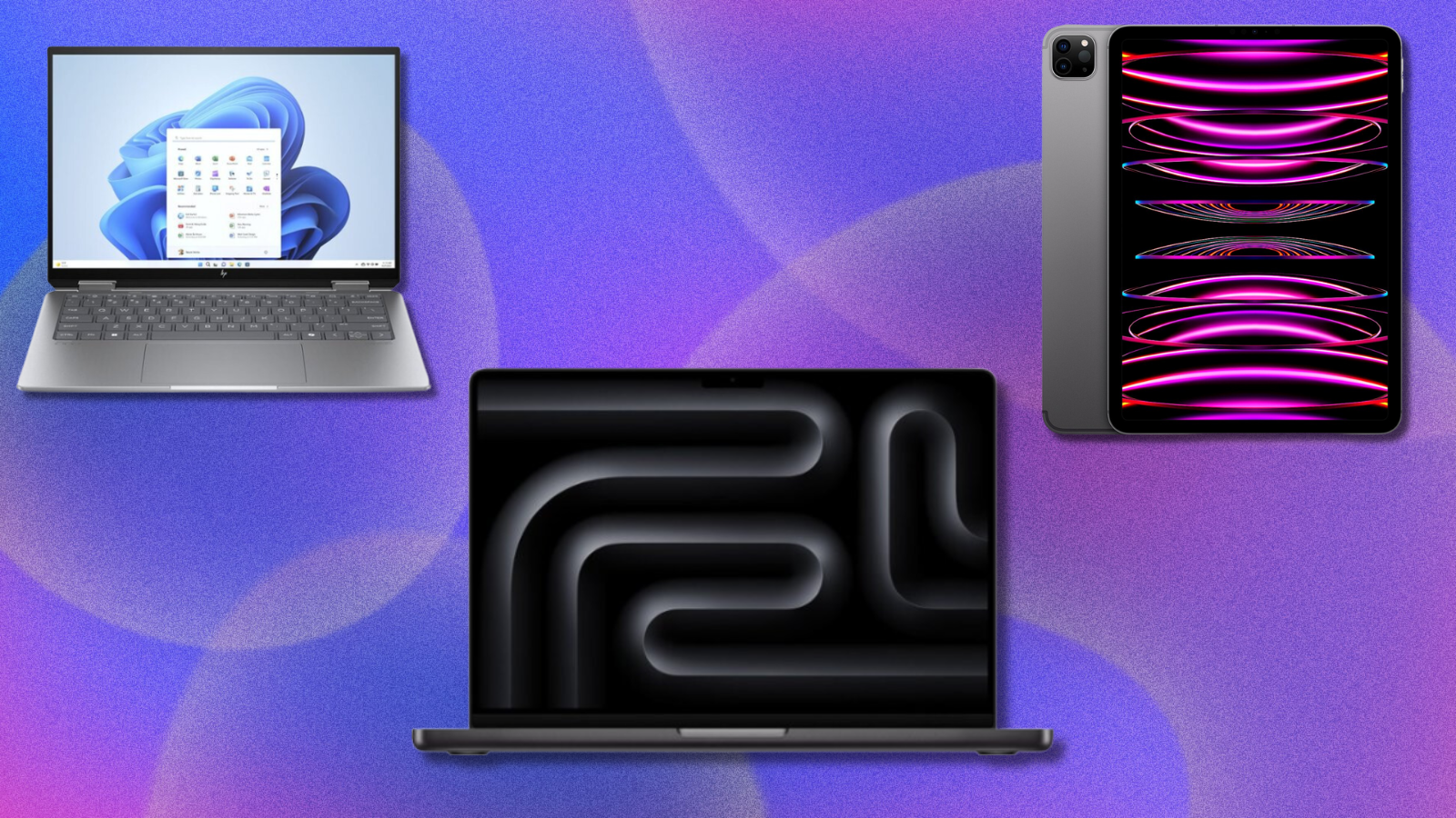 iPad, MacBook, and HP laptop on purple abstract background
