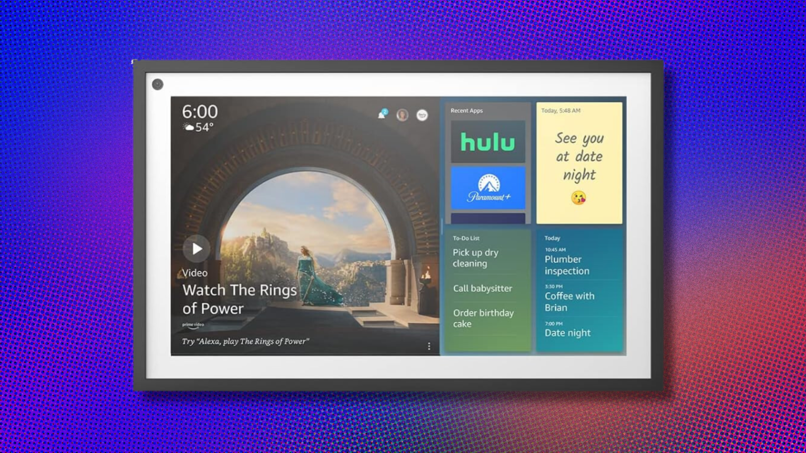 Amazon Echo Show 15 on red and blue abstract background