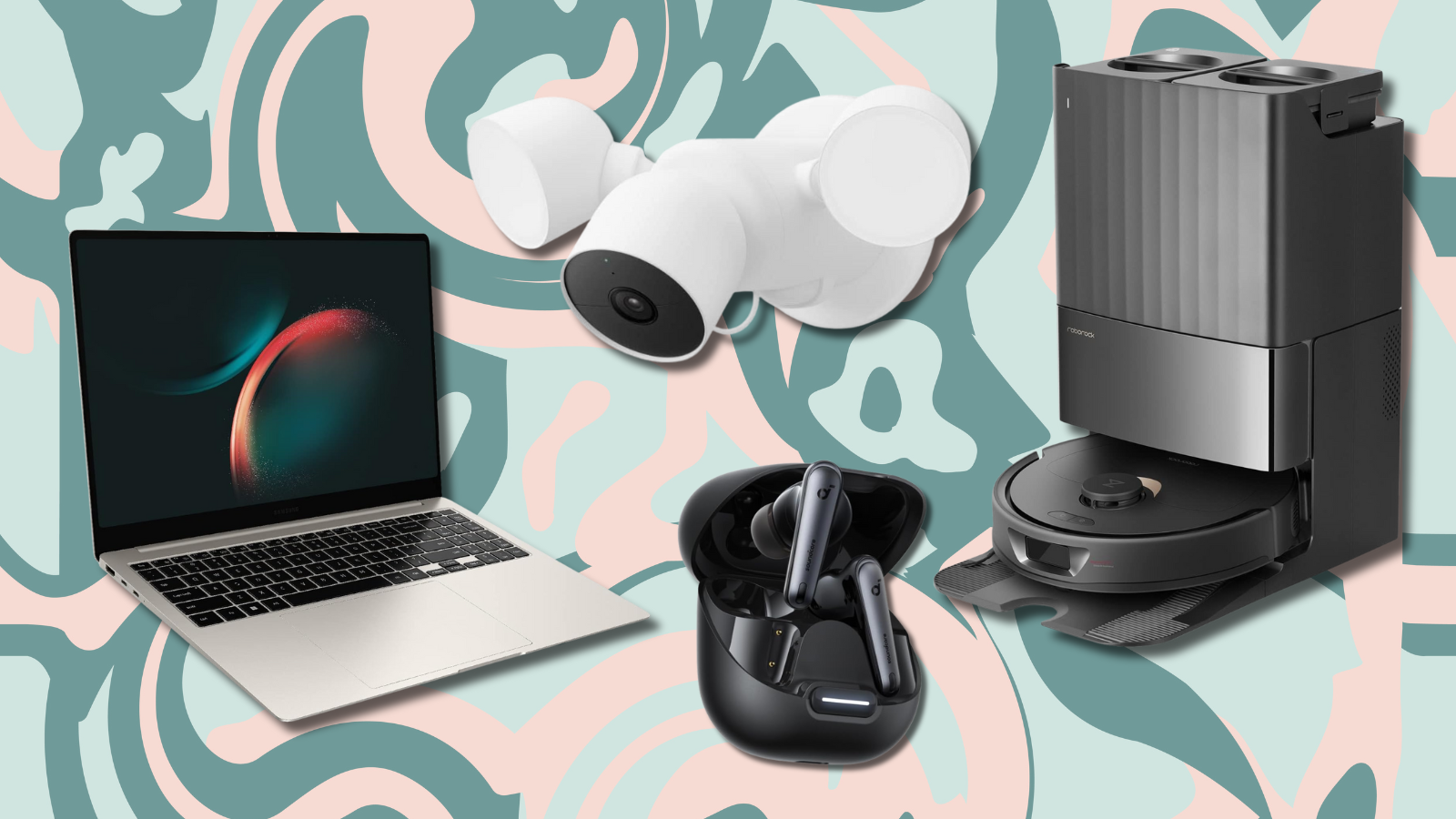 Roborock robot vacuum, Soundcore earbuds, Google Nest Cam, and Samsung Galaxy Book with colorful psychedelic background
