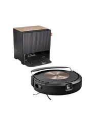 an irobot roomba vacuum with its included base on a white background