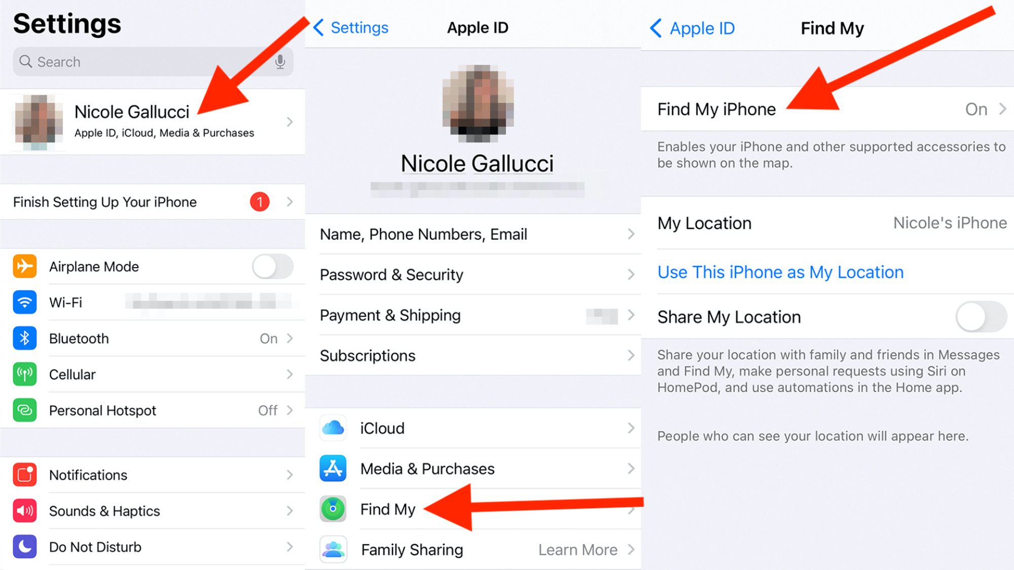 screenshots with red arrows pointing toward selecting find my