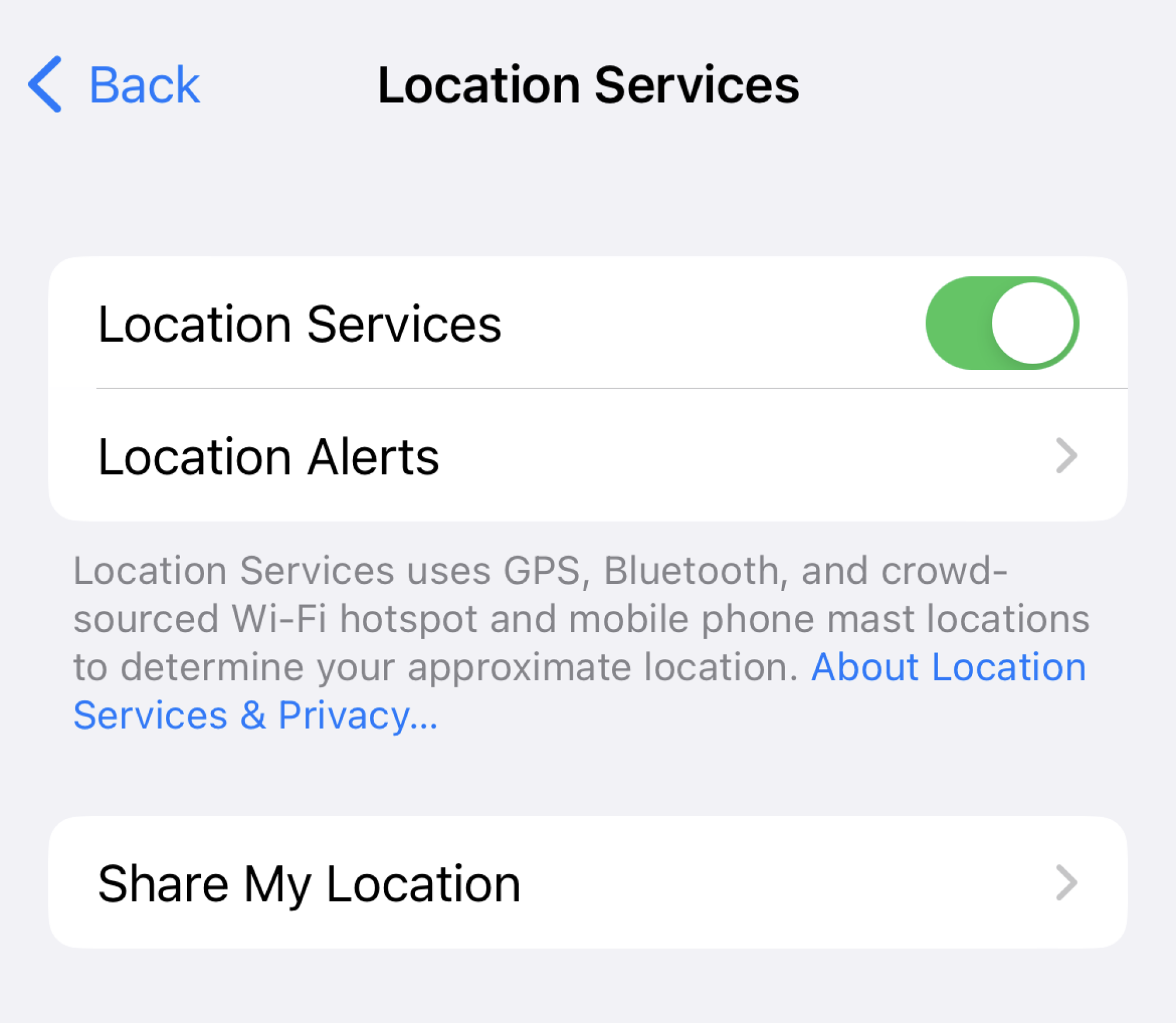 A screenshot showing Location Services on iPhone and where to switch it on or off.