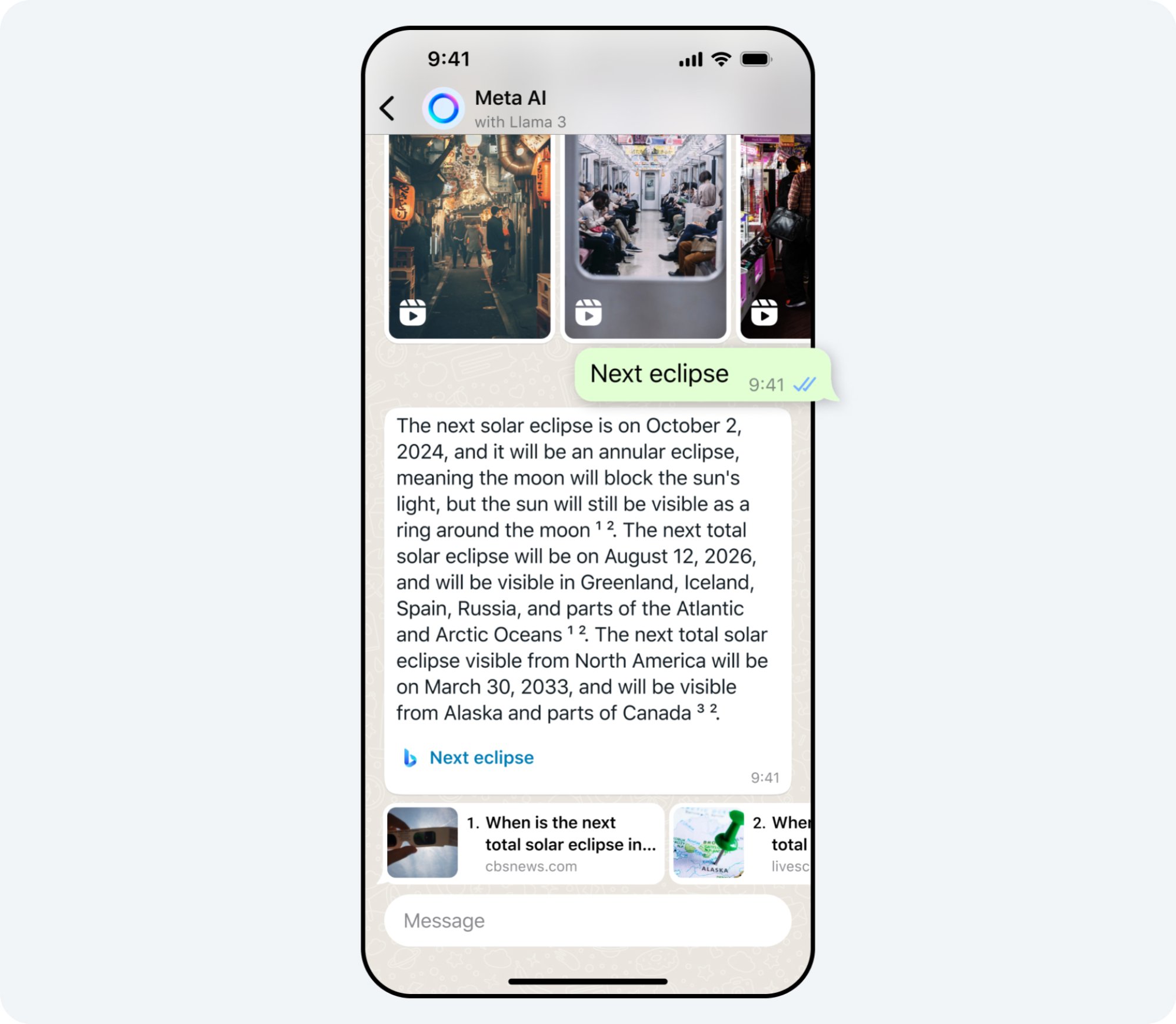 Meta AI providing information about the next solar eclipse in WhatsApp
