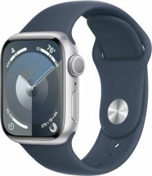 An Apple Watch with a navy band