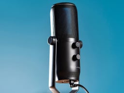 Mic with blue backdrop.