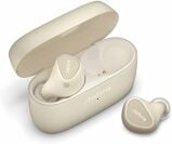 a pair of beige jabra elite 5 earbuds on a white background