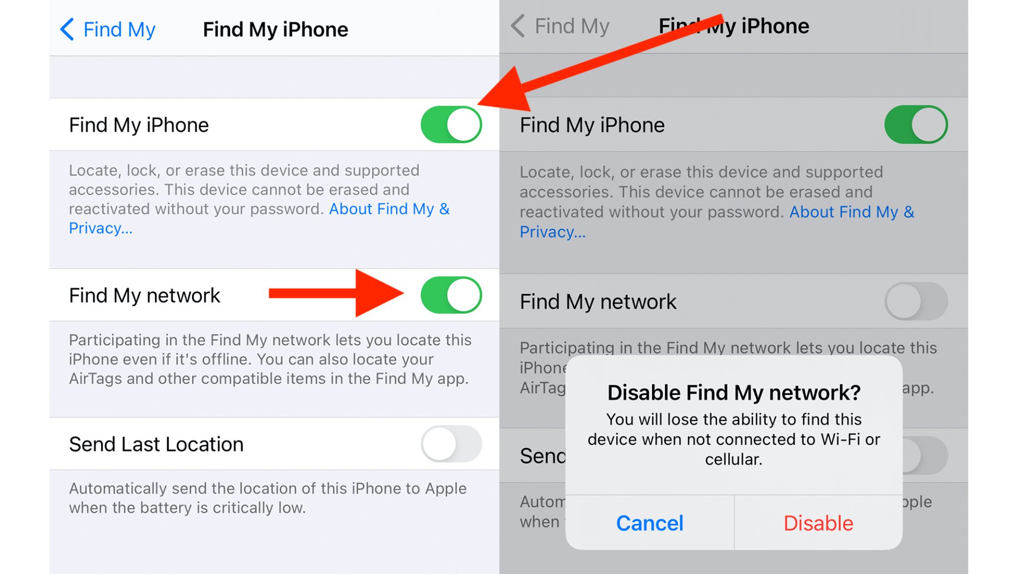 red arrows pointing to the find my toggles in screenshots