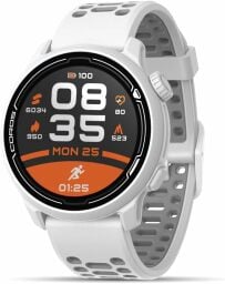 a coros pace 2 sport watch with a white band sits on a white background