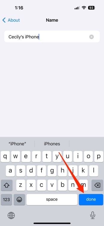 Name section of iPhone settings that shows the name of the iPhone as Cecily's iPhone