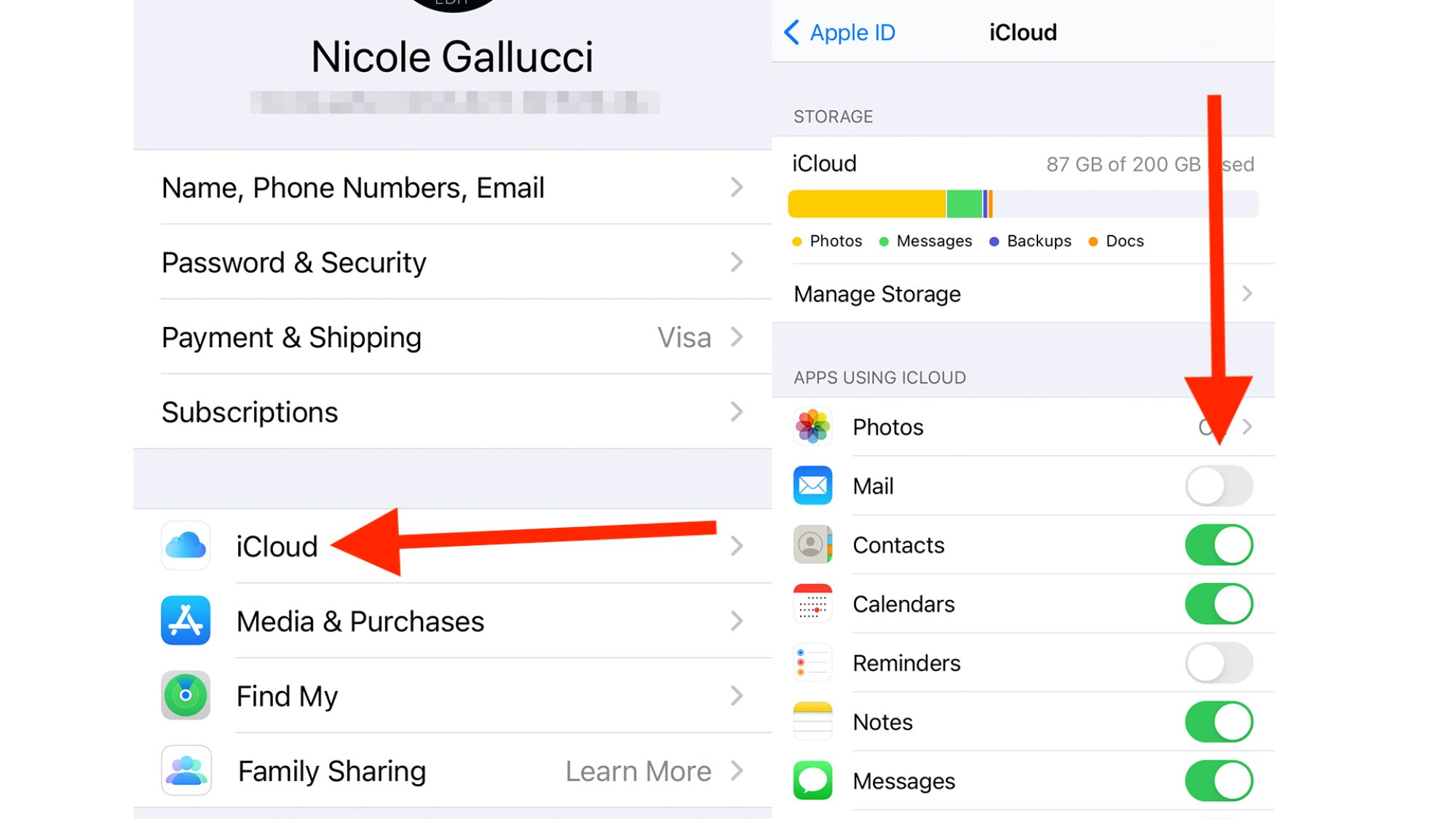 red arrows showing where to toggle off all icloud