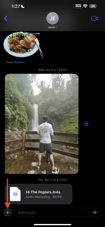 Red arrow pointing to plus sign in Messages app in iOS