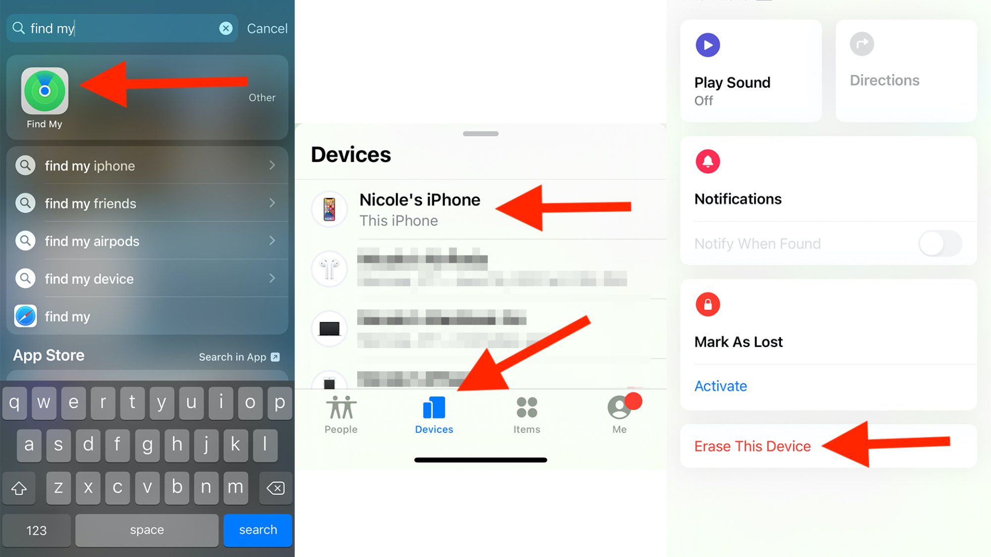 red arrow showing in screenshots how to turn off find my permanently