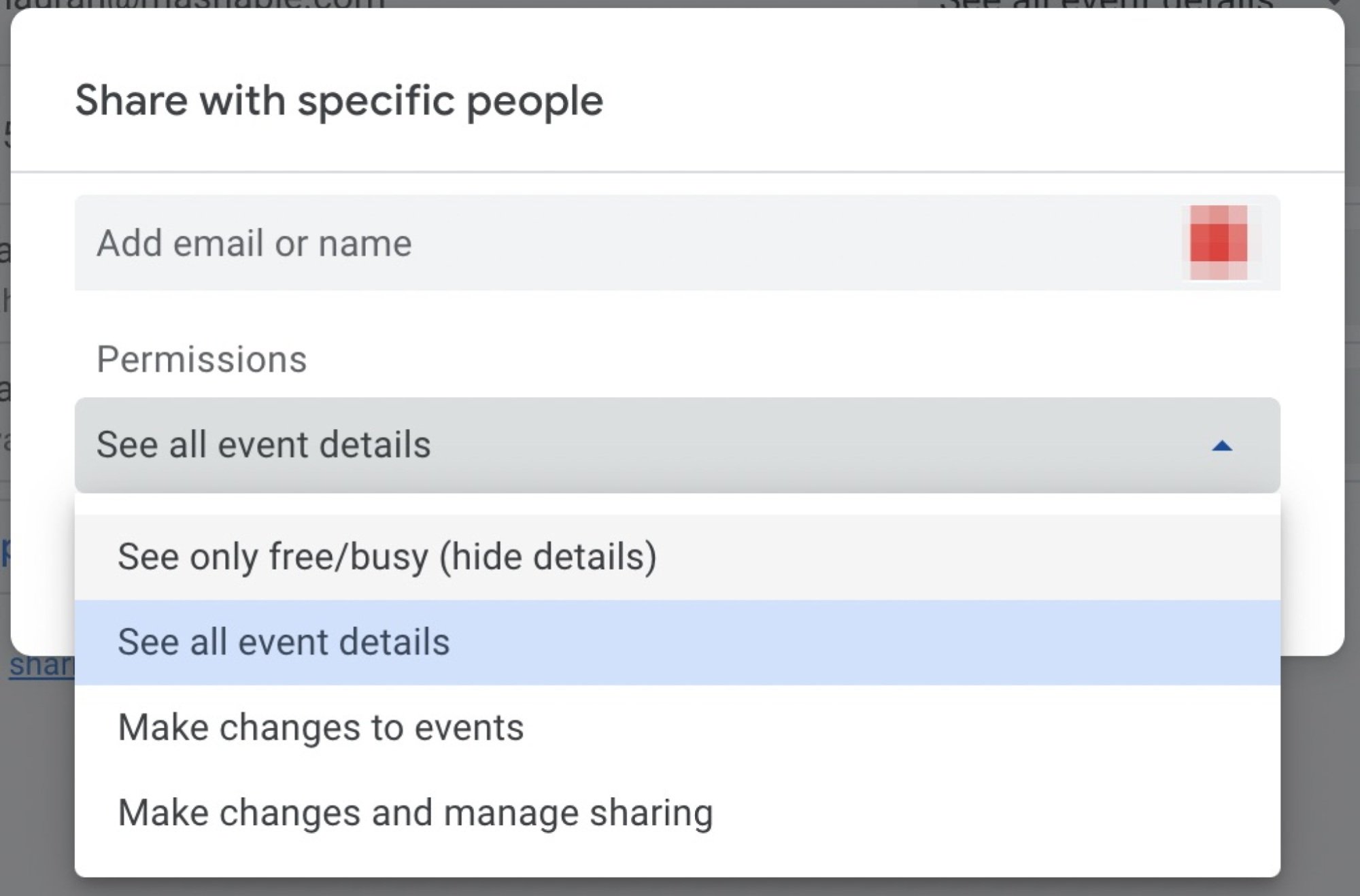 pop up window showing a search bar for adding email address and access permission options