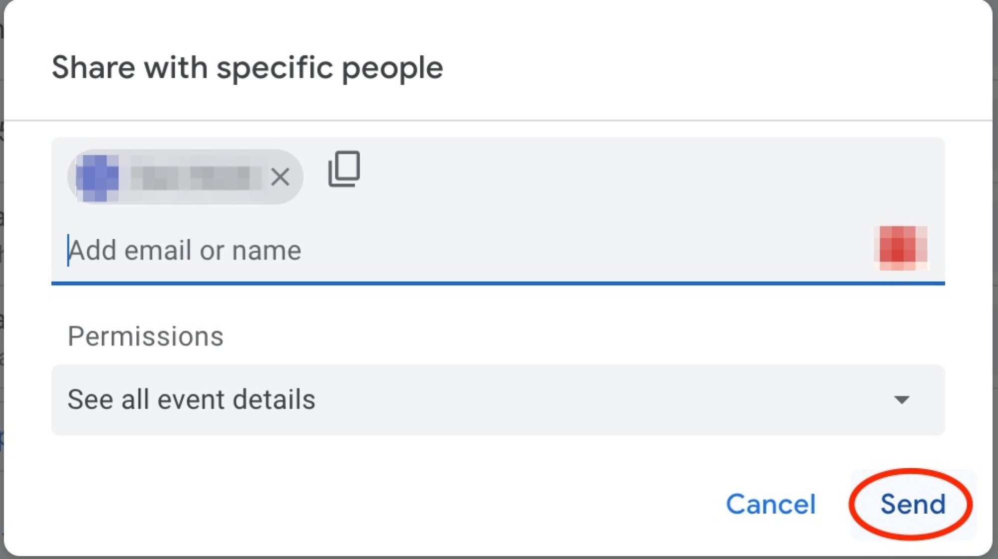 user's email address populated in the search bar and the send button circle in red
