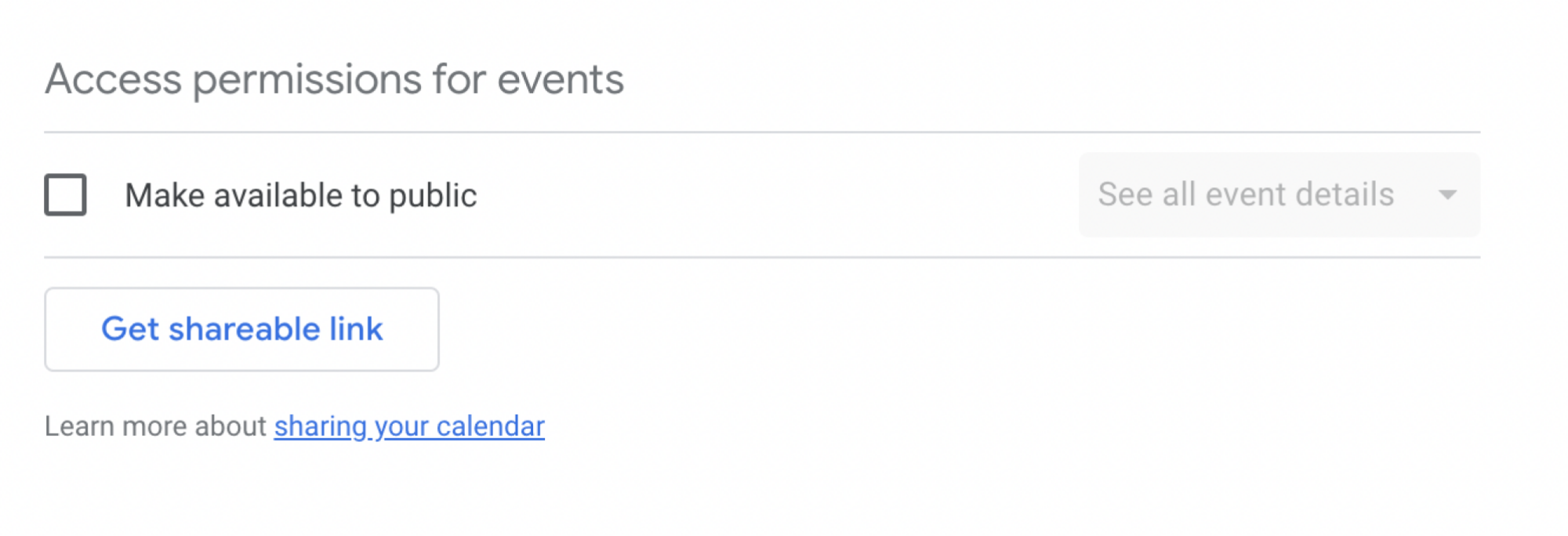 public access section showing a checkbox to make the calendar public 