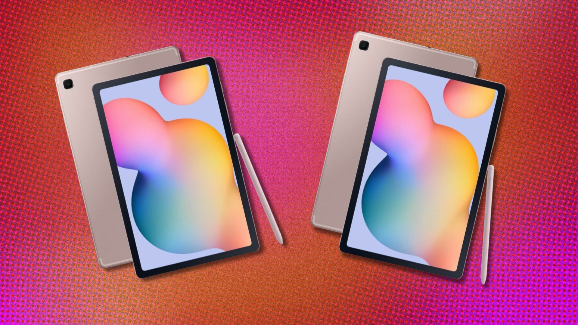 two samsung galaxy tab s6 lite tablets on a pink and orange background