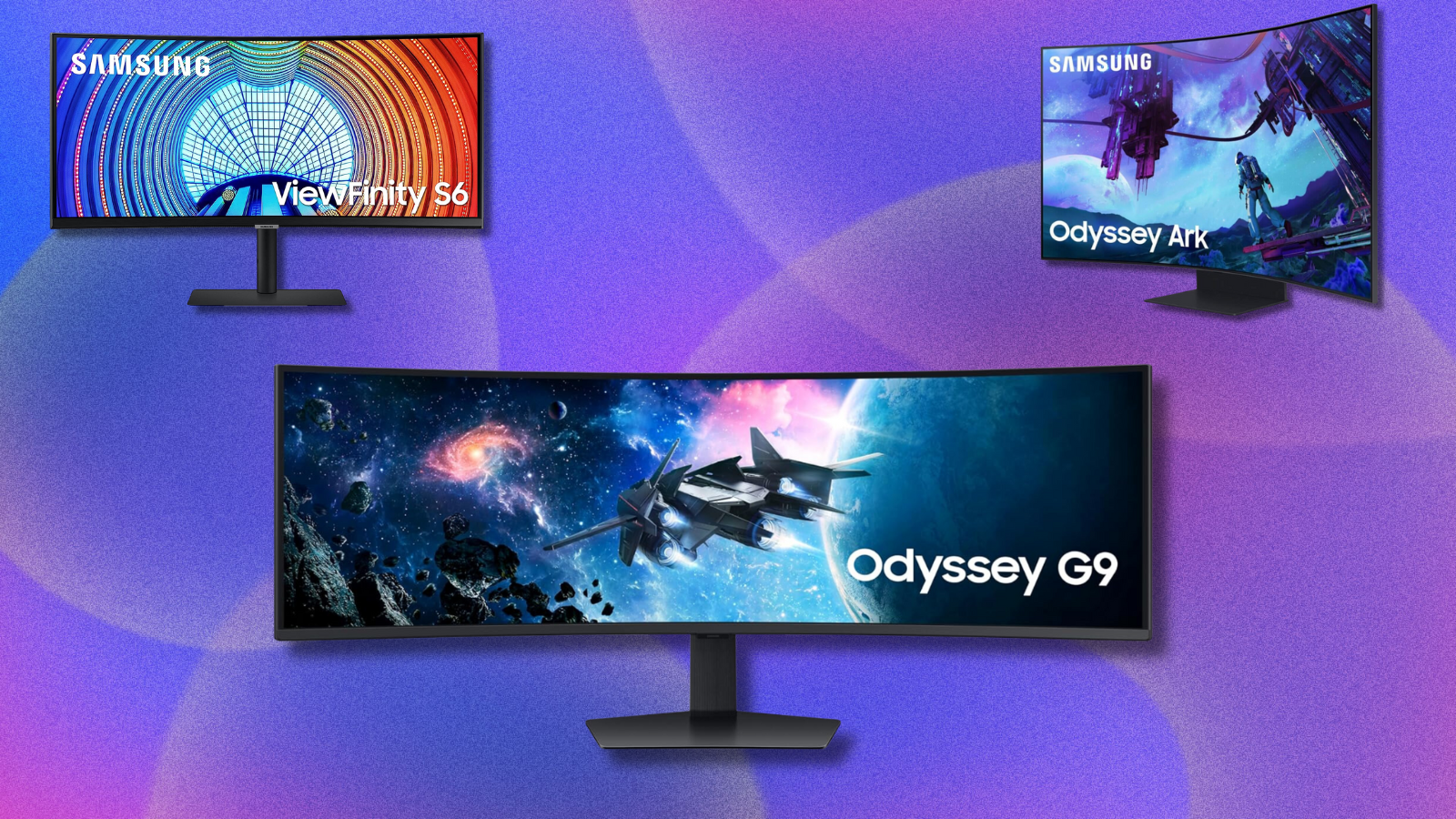 Multiple Samsung monitors on purple abstract background.