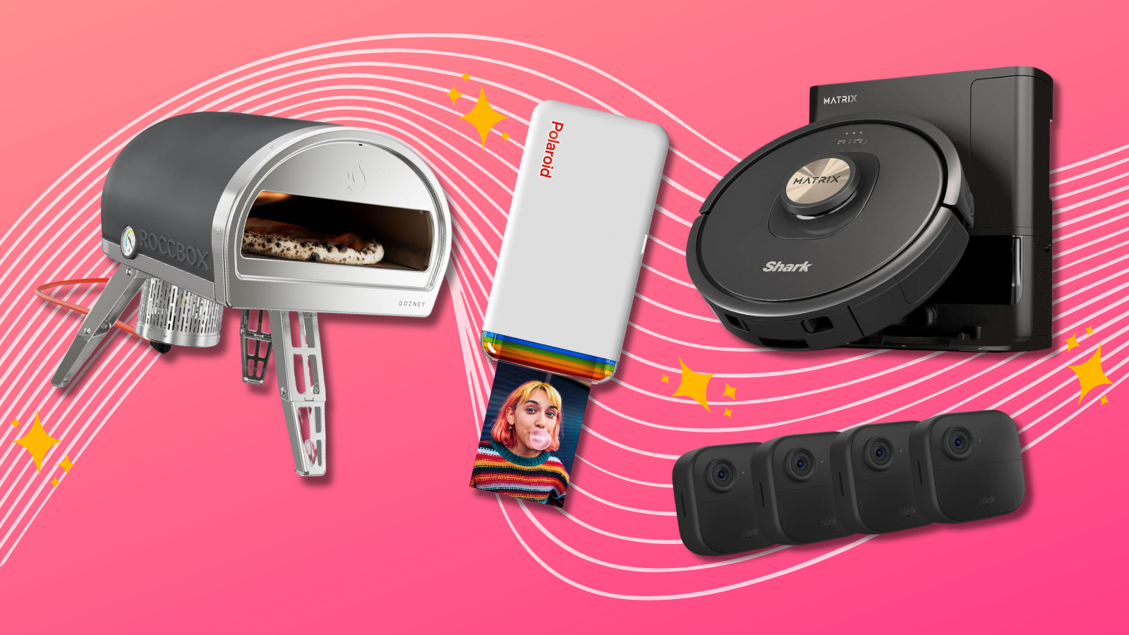 Roccbox pizza oven, Polaroid photo printer, Shark robot vacuum, and Blink security cameras with pink background