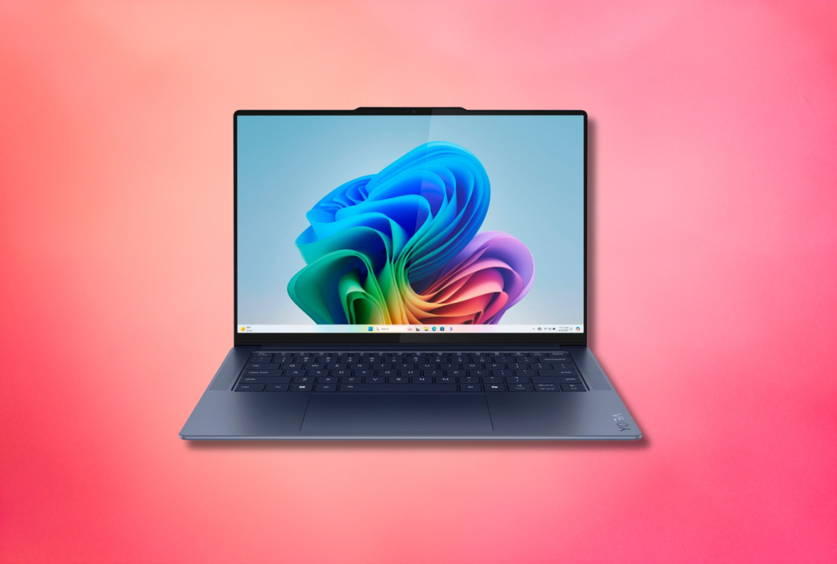 Lenovo yoga slim laptop against a pink background 