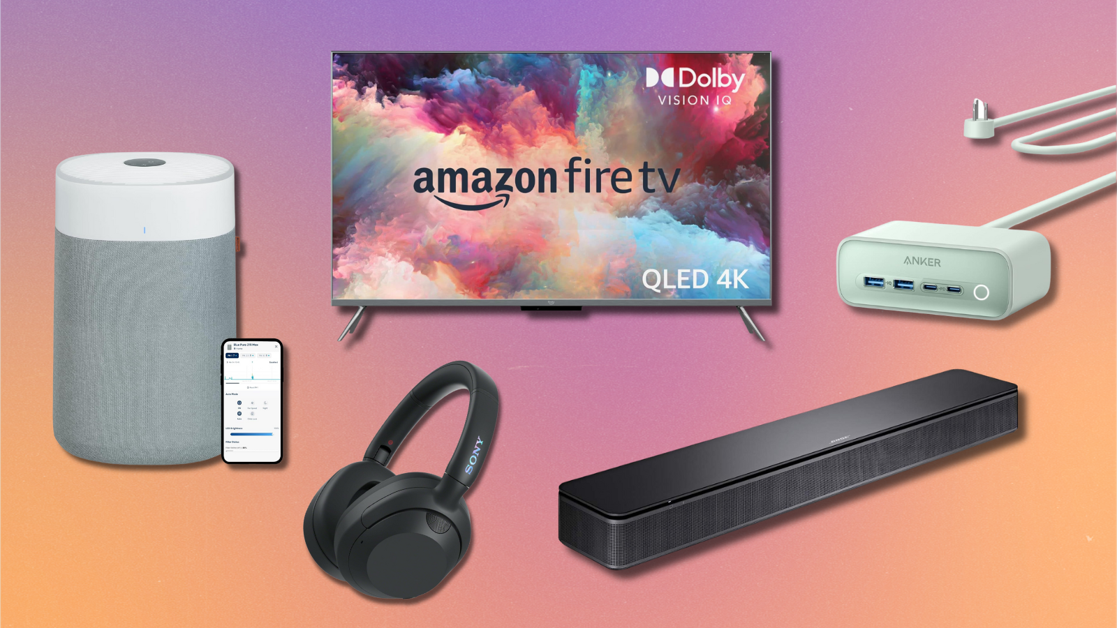 Blueair purifier, Amazon Fire TV, Sony headphones, Bose soundbar, and Anker charging station with pink watercolor background
