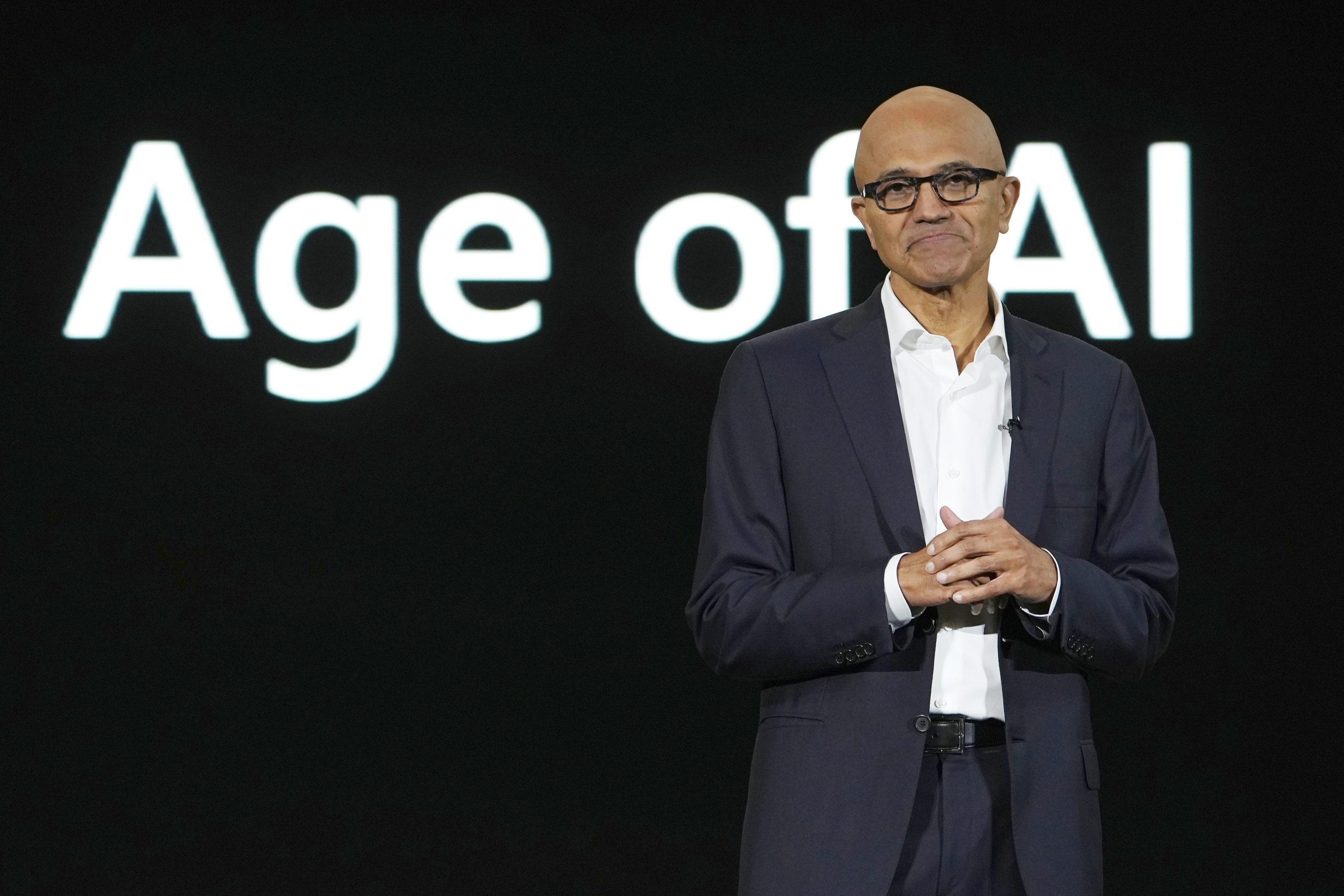 Satya Nadella, chief executive officer of Microsoft Corp., speaks during the company event on AI technologies in Jakarta, Indonesia,