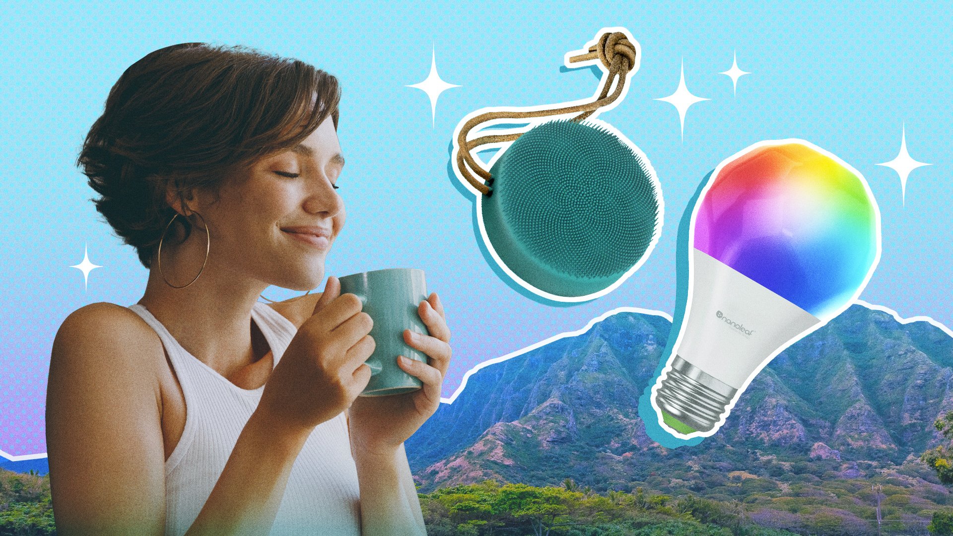 A composite image of a woman sipping a cup of tea, a Nanoleaf lightbulb, and a FOREO silicone body brush.
