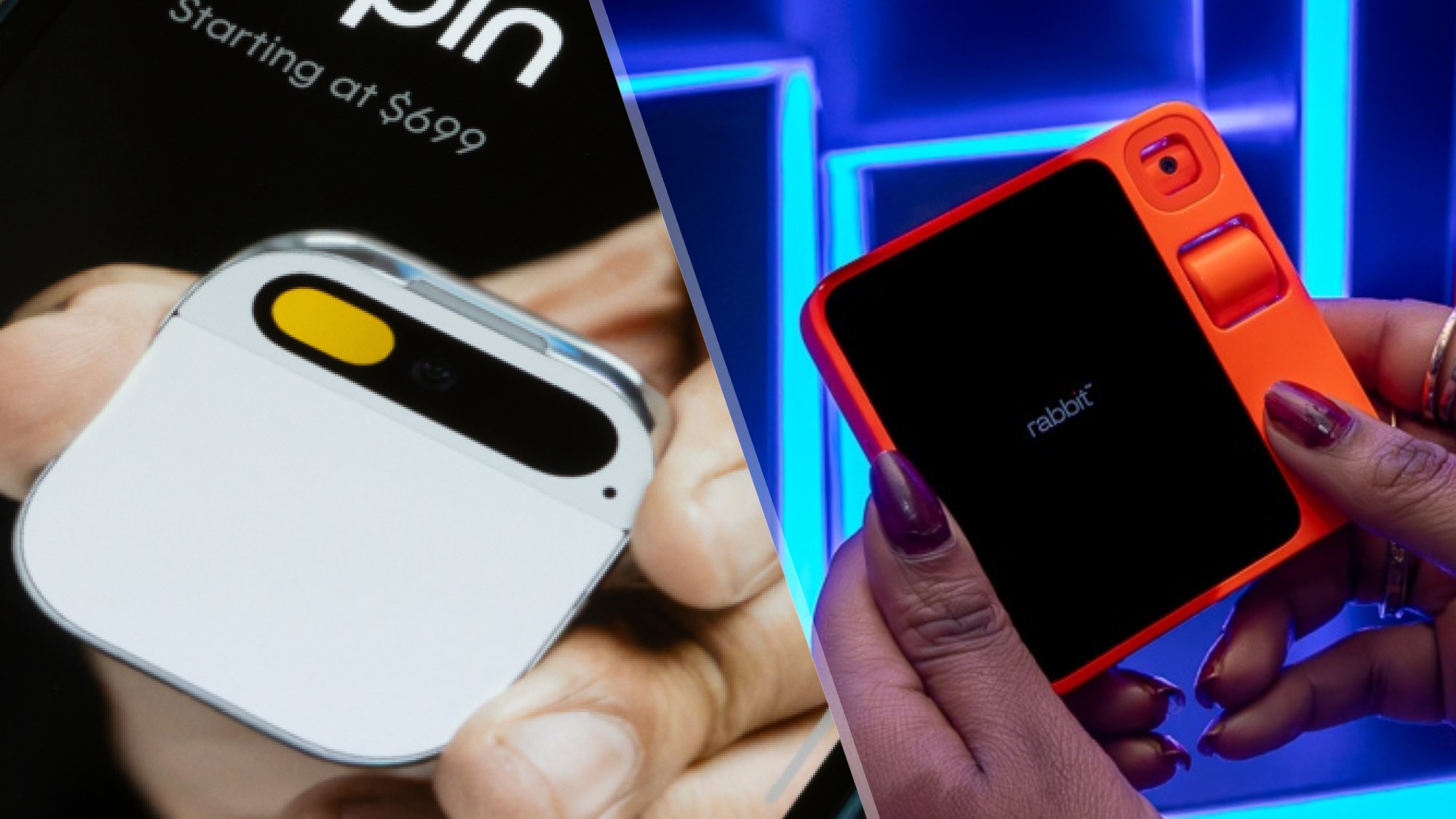 Humane Ai pin and woman holding Rabbit R1