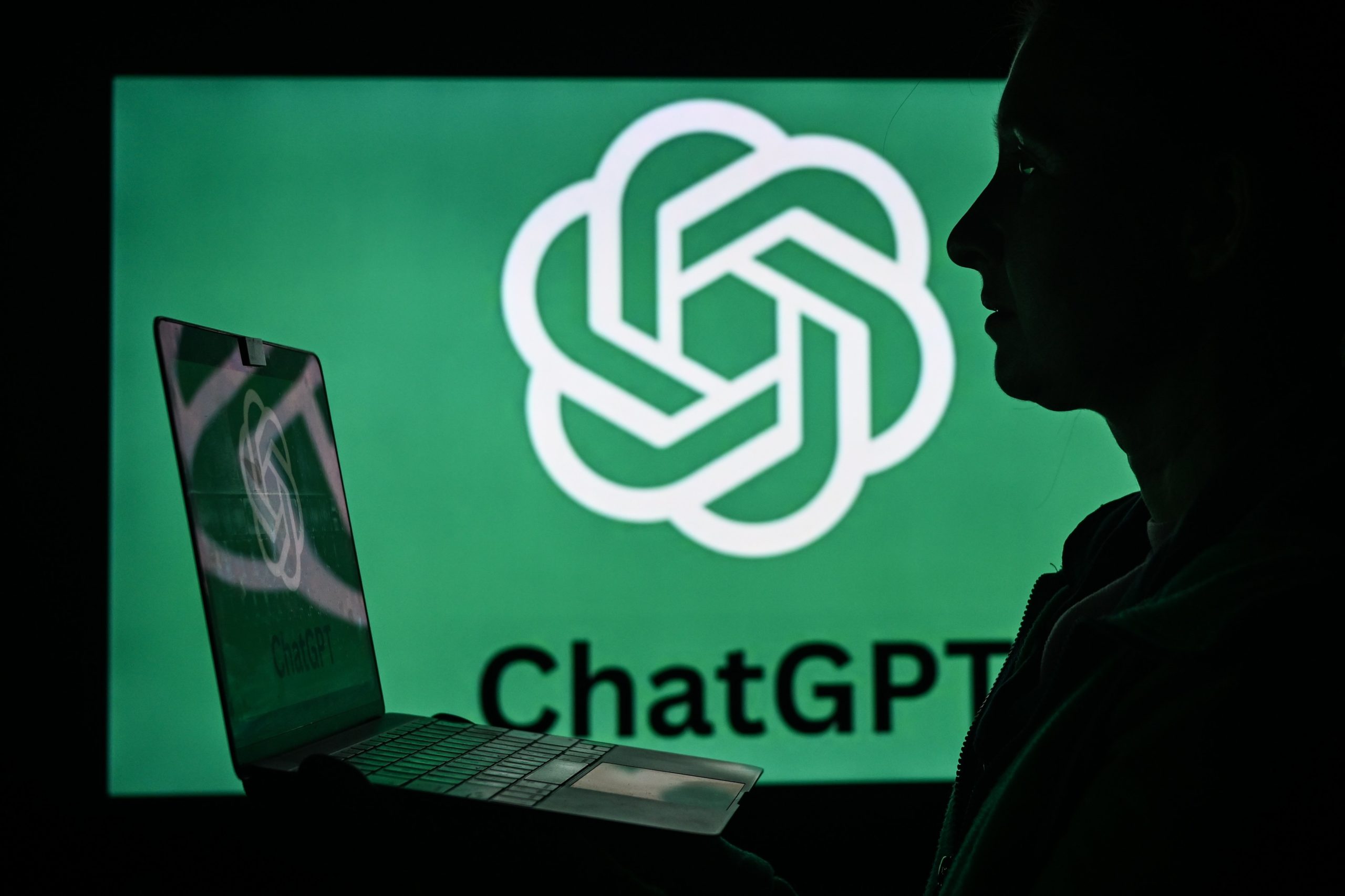 a person with a notebook computer silhouetted against the OpenAI logo