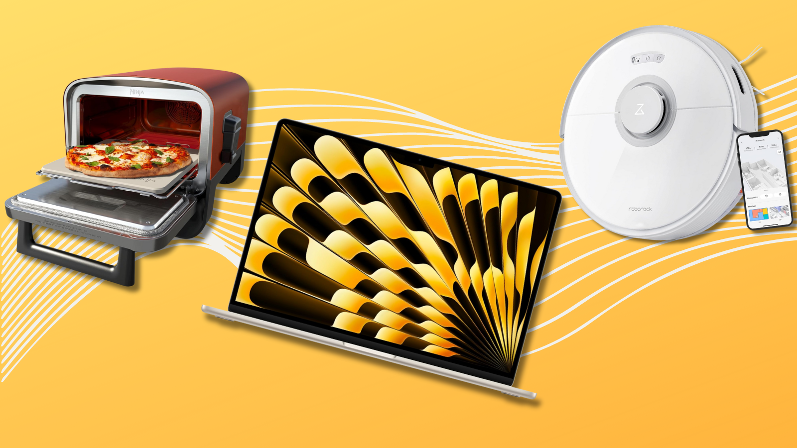Ninja pizza oven, MacBook Air, and Roborock q7 robot vacuum with yellow background
