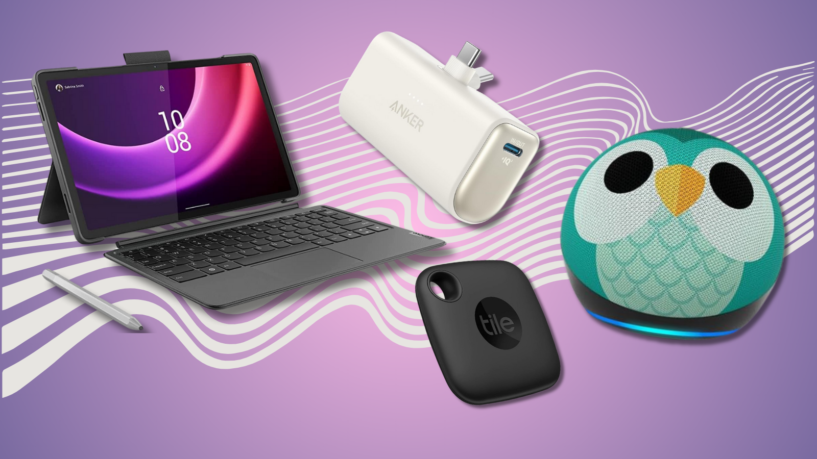 Lenovo tablet, Anker charger, Tile Mate, and Echo Dot Kids with purple background