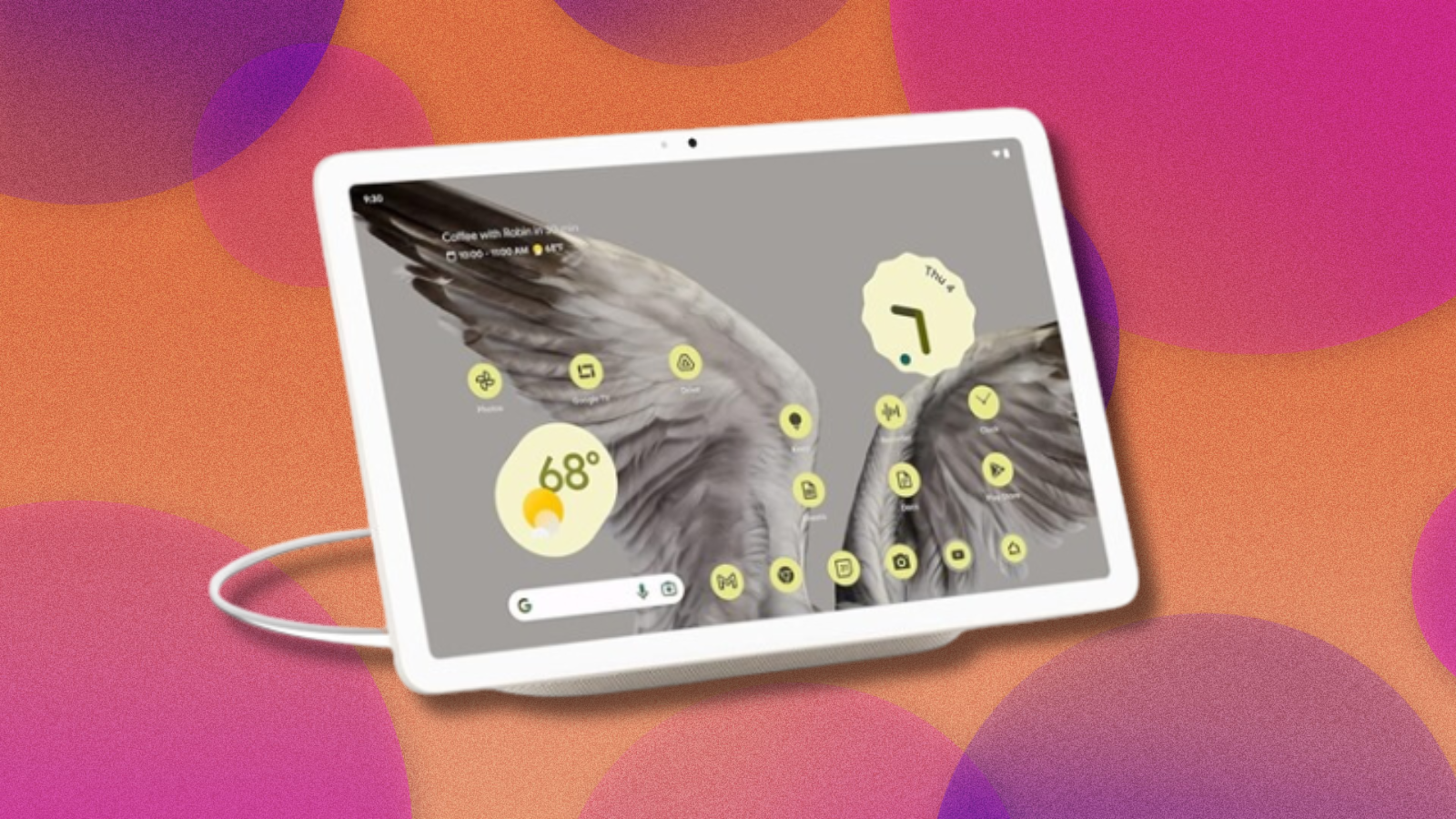 Google Pixel Tablet on orange and purple background
