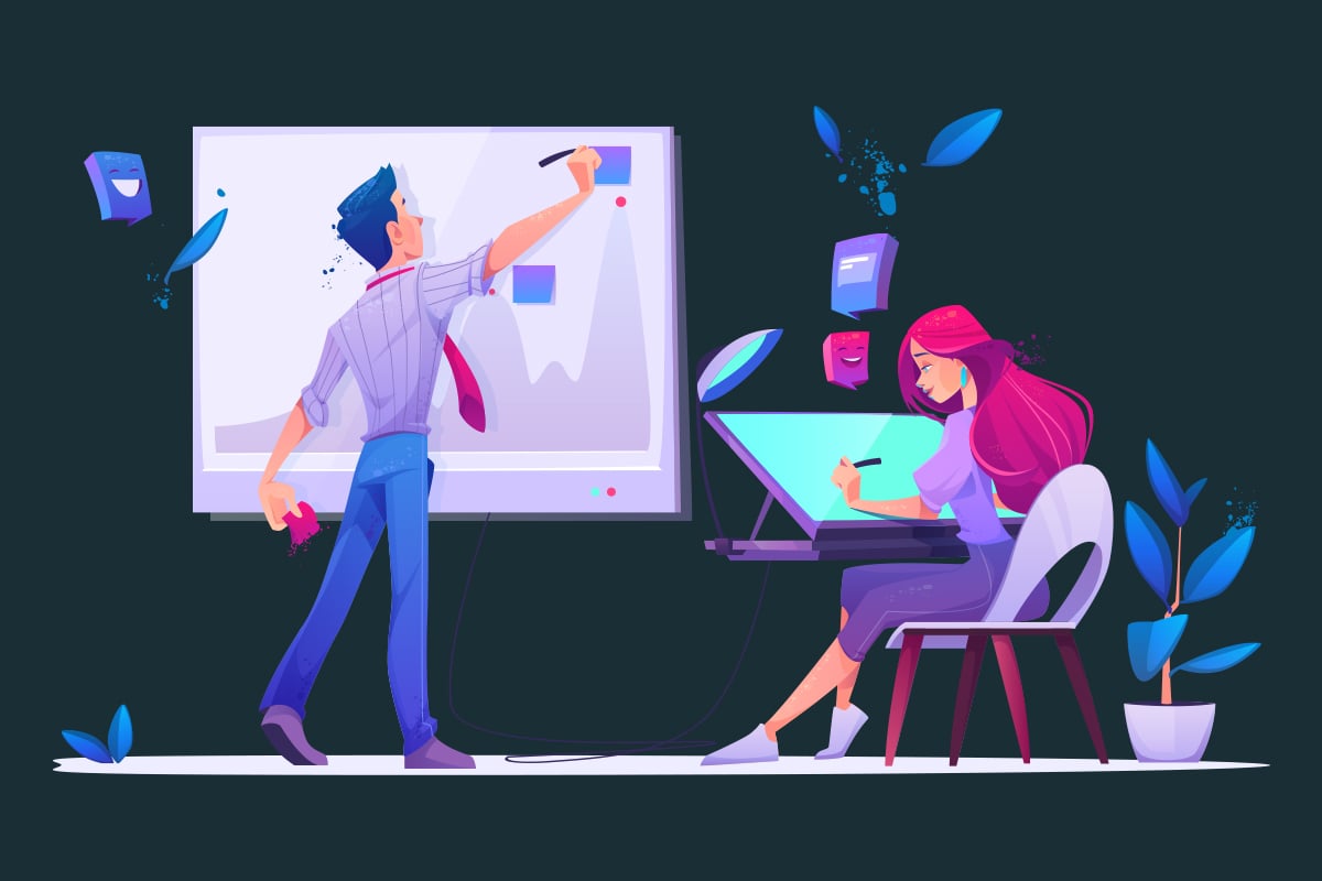 Computer graphic of man on whiteboard.