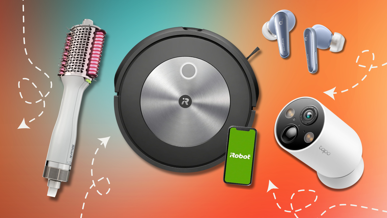 Shark SmoothStyle, Roomba j7, TP-Link Tapo MagCam, and Soundcore Liberty 4 earbuds with a orange gradient background