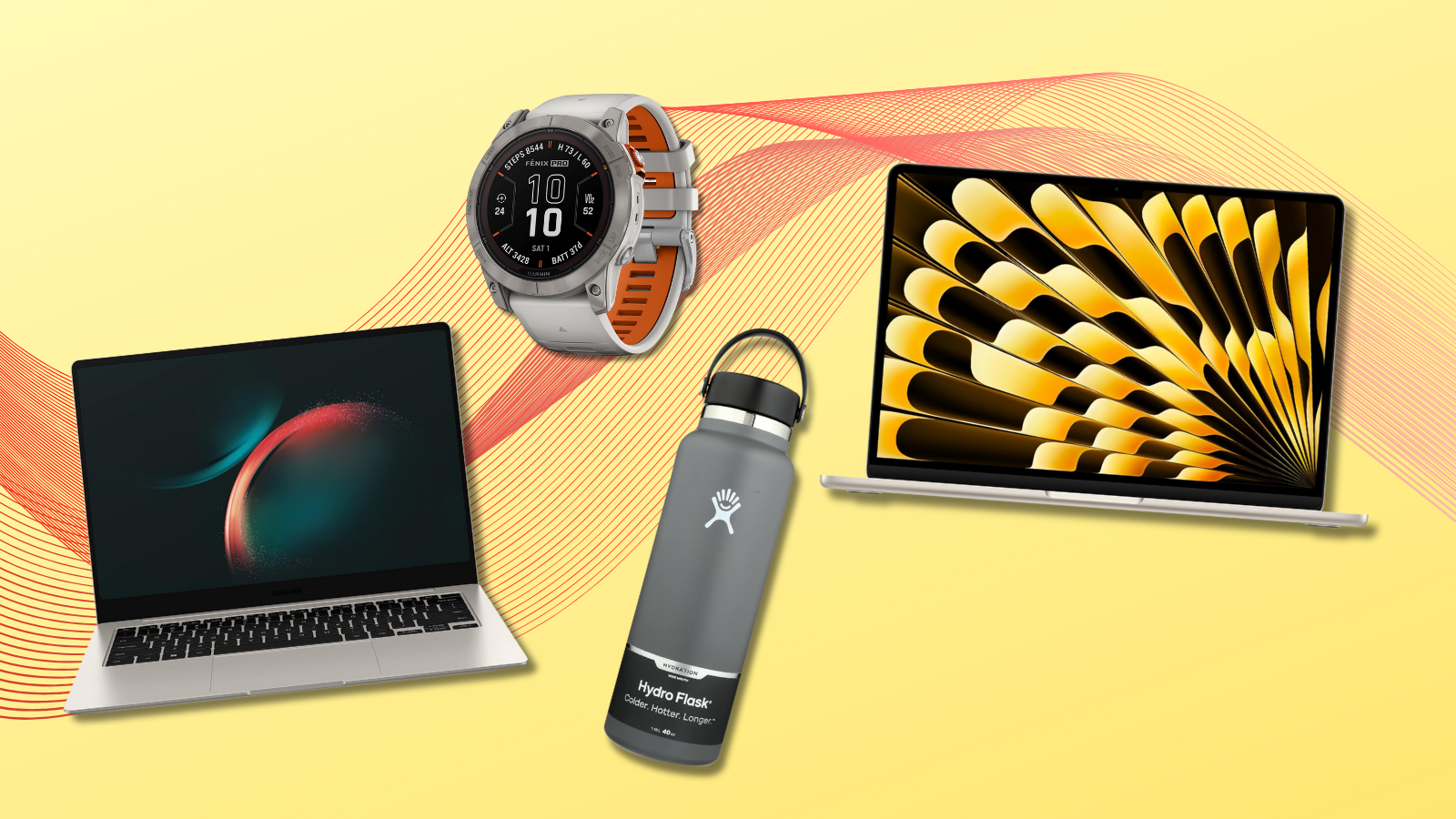 Samsung Galaxy Book, Hydro Flask bottle, Garmin watch, and MacBook Air with yellow and red background