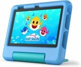 an amazon fire 7 kids tablet in a blue color that displays an image of baby shark