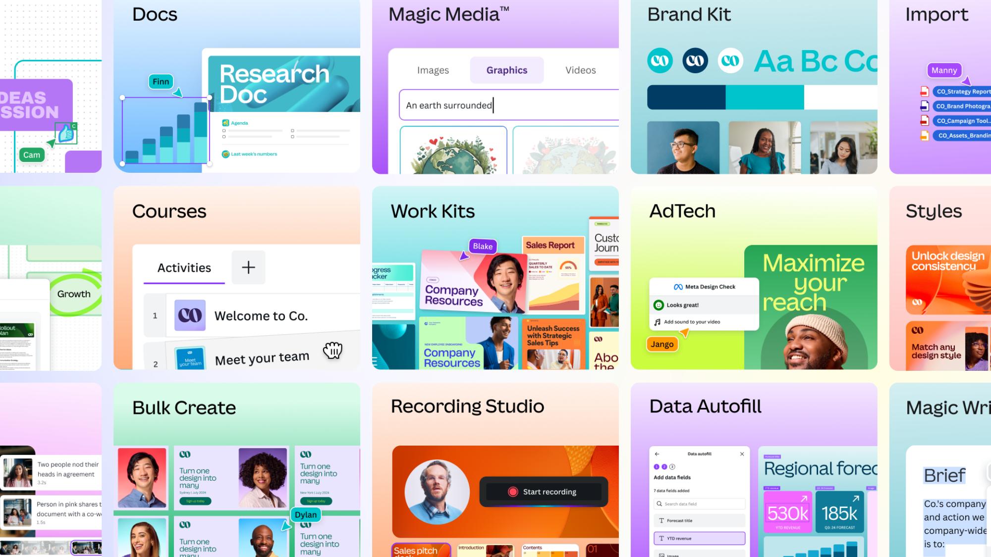Different graphics displaying Canva's Enterprise tools.